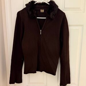 Brown Zip-Up Sweater with Faux Fur Collar